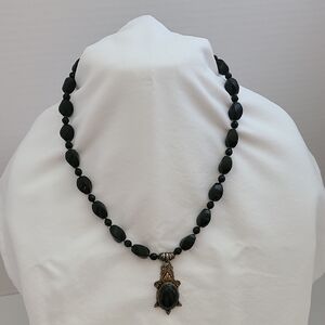 Elegant Black Onyx Beaded Necklace and Earing Set with 925 Silver Ornate Pendant